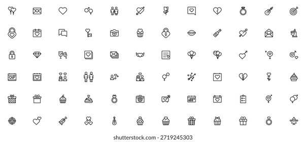 A comprehensive set of minimalist black and white line icons, perfect for conveying themes of love, romance, dating, and special occasions.