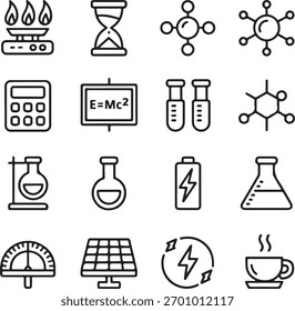 Um conjunto abrangente de ícones de design plano minimalista que representam conceitos científicos e educacionais fundamentais.