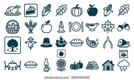 A comprehensive set of minimalist icons representing the Thanksgiving holiday and the autumn season. The graphics include seasonal staples such as a cooked turkey, various pies, cornucopia, maple leaves, acorns, and harvest crops like pumpkins and apples, all presented on a clean white background.