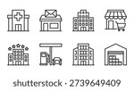 A comprehensive set of minimalist line art icons illustrating various essential urban buildings and services, including a hospital, post office, hotel, gas station, supermarket, office, and warehouse facilities.
