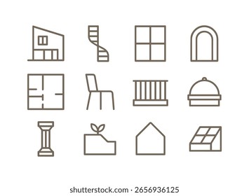 Um conjunto abrangente de ícones minimalistas da arte em linha que retratam vários elementos arquitetônicos, características da casa e itens de design de interiores para projetos de decoração e planejamento modernos.