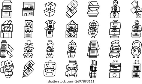 Un conjunto completo de iconos vectoriales minimalistas de arte lineal que cubren negocios, tecnología, viajes y objetos cotidianos.