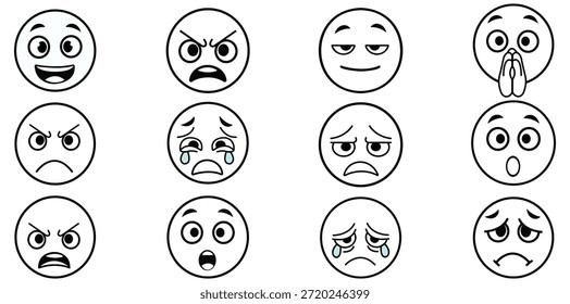 Un conjunto completo de emoticonos minimalistas de arte lineal con una variedad de expresiones faciales y sentimientos humanos. Estos iconos vectoriales van desde la alegría y la sorpresa hasta el enojo y el llanto, lo que los hace perfectos para las redes sociales, el Comentarios Cliente y la comunicación digital.