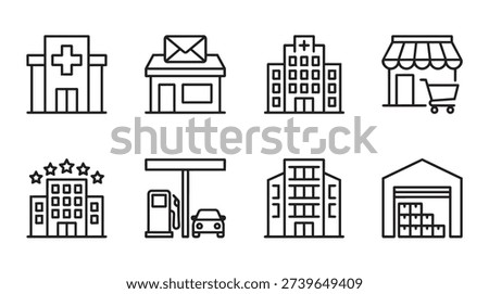 A comprehensive set of minimalist line art icons illustrating various essential urban buildings and services, including a hospital, post office, hotel, gas station, supermarket, office, and warehouse facilities.