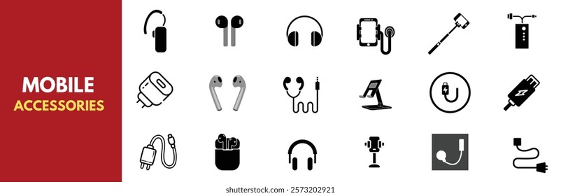 A comprehensive set of minimalist line icons depicting mobile phone accessories including SIM tools, cables, stands, earbuds, headphones, and connectors. Mobile gadgets.