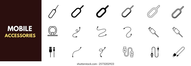 A comprehensive set of minimalist line icons depicting mobile phone accessories including SIM tools, cables, stands, earbuds, headphones, and connectors. Mobile gadgets.