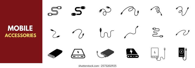 A comprehensive set of minimalist line icons depicting mobile phone accessories including SIM tools, cables, stands, earbuds, headphones, and connectors. Mobile gadgets.