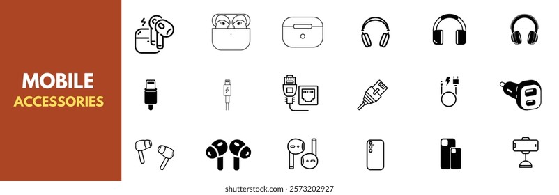 A comprehensive set of minimalist line icons depicting mobile phone accessories including SIM tools, cables, stands, earbuds, headphones, and connectors. Mobile gadgets.