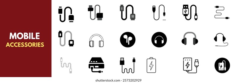 A comprehensive set of minimalist line icons depicting mobile phone accessories including SIM tools, cables, stands, earbuds, headphones, and connectors. Mobile gadgets.