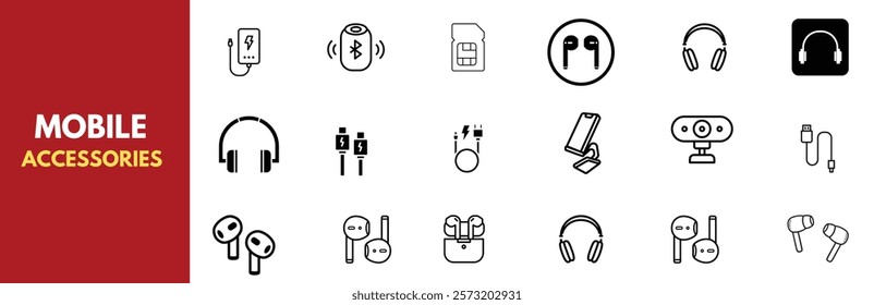 A comprehensive set of minimalist line icons depicting mobile phone accessories including SIM tools, cables, stands, earbuds, headphones, and connectors. Mobile gadgets.