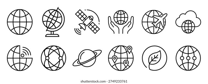 A comprehensive set of minimalist line icons representing global connectivity, satellites, and world travel. This professional vector illustration is perfect for web design, mobile apps, and corporate branding projects.A comprehensive set of minimalist line icons representing global connectivity, satellites, and world travel. This professional vector illustration is perfect for web design, mobile apps, and corporate branding projects.