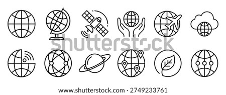 A comprehensive set of minimalist line icons representing global connectivity, satellites, and world travel. This professional vector illustration is perfect for web design, mobile apps, and corporate branding projects.A comprehensive set of minimalist line icons representing global connectivity, satellites, and world travel. This professional vector illustration is perfect for web design, mobile apps, and corporate branding projects.