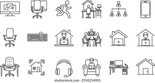 Comprehensive Set of Minimalist Linear Icons Representing Remote Work From Home, Office Equipment, Business Management Hierarchy, Corporate Productivity, and Freelance Lifestyle