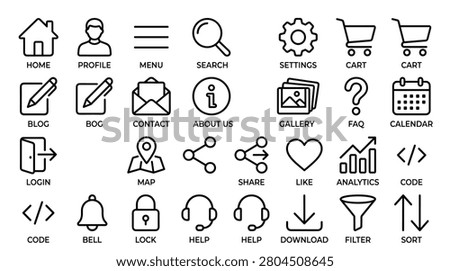 Comprehensive set of minimalist linear web icons designed for user interface development. collection includes essential digital communication tools social media share like analytics code bell lock help download filter and sorting symbols for seamless app navigation and design projects.