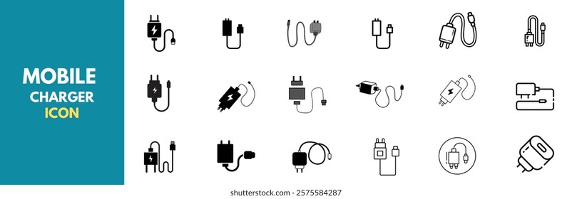 A comprehensive set of mobile charger icons featuring various styles of wall adapters, charging plugs, and power supplies. Black and white designs are shown in both filled and outline styles.