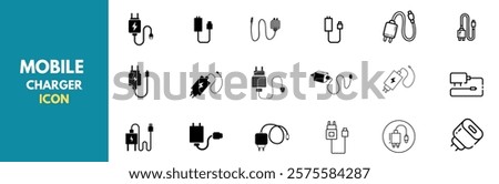 A comprehensive set of mobile charger icons featuring various styles of wall adapters, charging plugs, and power supplies. Black and white designs are shown in both filled and outline styles.