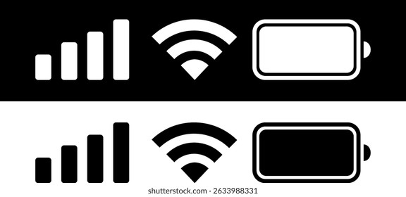 Conjunto abrangente de ícones de dispositivos móveis, incluindo força do sinal, conectividade Wi-Fi e indicadores de nível de bateria, essenciais para ilustrar os recursos do smartphone e o status da rede