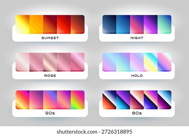 Un completo conjunto de modernas paletas de gradientes de color que muestran vibrantes transiciones desde el atardecer hasta estilos retro, ideales para el diseño digital y los recursos creativos del proyecto