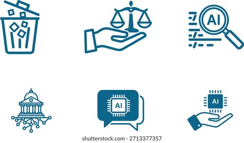 Un conjunto completo de iconos vectoriales azules planos modernos que ilustran varios conceptos de inteligencia artificial, incluida la eliminación de datos, la justicia legal, la investigación de la IA, la conectividad institucional, la comunicación de la IA y el desarrollo tecnológico aislados en un fondo transparente