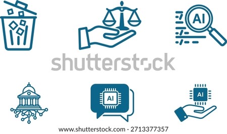 A comprehensive set of modern flat blue vector icons illustrating various artificial intelligence concepts including data disposal legal justice AI research institutional connectivity AI communication and technological development isolated on transparent background