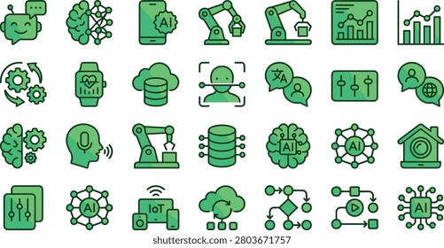 A comprehensive set of modern green technology icons showcasing machine learning networks, robotic automation arms, smart data servers, and biometric scanners. These clean, cohesive vector graphics are ideal for corporate tech presentations, software interface design, AI branding, and digital infographics found in image_ae703c.png.