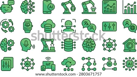 A comprehensive set of modern green technology icons showcasing machine learning networks, robotic automation arms, smart data servers, and biometric scanners. These clean, cohesive vector graphics are ideal for corporate tech presentations, software interface design, AI branding, and digital infographics found in image_ae703c.png.