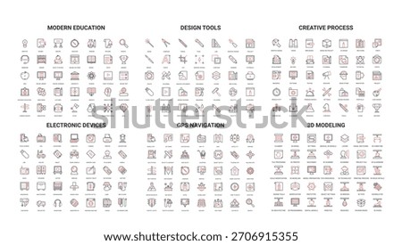 Comprehensive set of modern line icons covering education, design tools, creative process, electronic devices, GPS navigation, 3D modeling for digital projects and presentations vector illustration