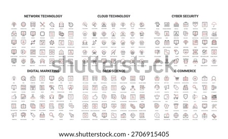 Comprehensive set of modern line icons covering network technology, cloud, cybersecurity, digital marketing, data science, e-commerce for web, apps, presentations, and infographics vector illustration