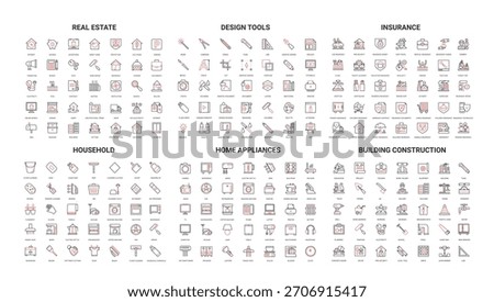 Comprehensive set of modern line icons for real estate, design tools, insurance, household, home appliances, and building construction isolated on white background vector illustration