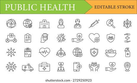 Un conjunto completo de iconos lineales modernos para la salud pública, la salud y la seguridad global. Ideal para App médicos, Sitios web y diseños de infografías. Trazo editable.
