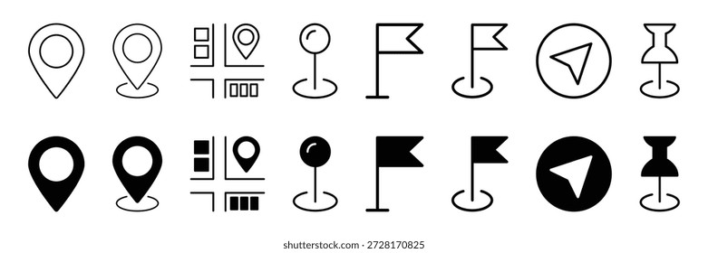 Un conjunto completo de iconos modernos de ubicación y navegación, presentados en estilos de contorno y relleno sólido. Esta colección incluye varios símbolos como pines clásicos de mapa, marcadores de ubicación con una base, un mapa con un pin integrado, flechas de brújula y pines. Estos versátiles iconos vectoriales son ideales para su uso en Diseño web, aplicaciones móviles, interfaces de usuario, mapas, sistemas GPS o cualquier proyecto que requiera indicadores geográficos o direccionales claros e intuitivos.