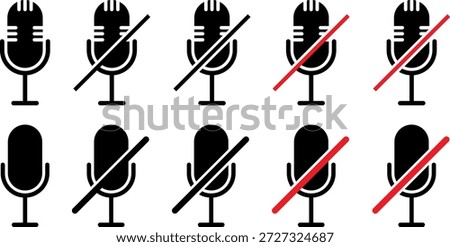 Comprehensive Set of Modern and Retro Microphone Icons with Mute and No Audio Slashed Alerts in Black and Red