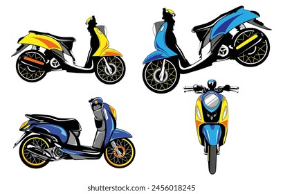 Conjunto completo de Ilustraciones modernas de scooter azul Urbana: vista frontal, lateral, trasera y superior sobre un fondo blanco