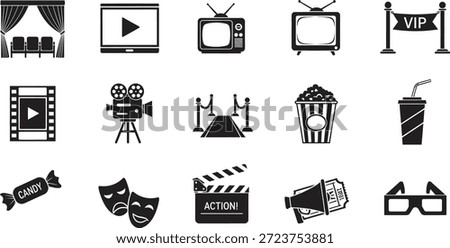 A comprehensive set of modern and vintage cinema movie entertainment related vector icons collection for design