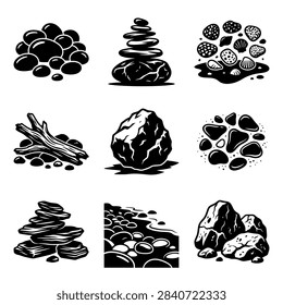 A comprehensive set of monochrome illustrations depicting various coastal and geological elements. Includes balanced stone cairns, smooth pebbles, rugged boulders, driftwood, and shells.
