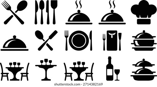 A comprehensive set of monochrome vector icons illustrating various aspects of the restaurant industry, including kitchen tools, table setups, and food service items.