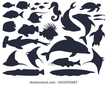 Comprehensive set of nautical silhouettes featuring various marine animals for sea designs, educational materials, and artistic compositions with a focus on aquatic wildlife.