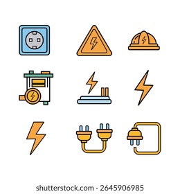 A comprehensive set of nine colorful vector icons related to electricity, including outlets, warning signs, hard hats, battery, charging, and lightning bolts.
