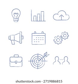 Un conjunto completo de nueve iconos de negocios y marketing dibujados a mano y de color azul presentados sobre un fondo blanco limpio. Esta colección incluye una bombilla para las ideas, un gráfico de barras para el análisis, una nube con una flecha Cargar para los datos, un megáfono para la promoción, un calendario para la planificación, dos engranajes para el proceso, un maletín para el trabajo corporativo, un objetivo con una flecha para los objetivos, y dos esquemas de personas interconectadas para la creación de redes. La estética esquemática, parecida a la tiza, proporciona un aspecto visual único y contemporáneo para diversas aplicaciones profesionales y conceptuales.