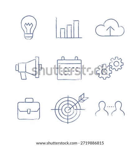 A comprehensive set of nine hand-drawn, blue-colored business and marketing icons presented on a clean white background. This collection includes a light bulb for ideas, a bar chart for analytics, a cloud with an upload arrow for data, a megaphone for promotion, a calendar for planning, two gears for process, a briefcase for corporate work, a target with an arrow for goals, and two interconnected person outlines for networking. The sketchy, chalk-like aesthetic provides a unique and contemporary visual for various professional and conceptual applications.
