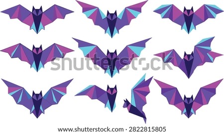 A comprehensive set of nine stylized bats featuring a modern polygonal design and a neon color palette. These versatile vector elements are ideal for Halloween decorations, gaming logos, and creative digital art projects.
