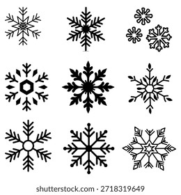 Ein umfangreiches Set von neun einzigartigen schwarzen Schneeflocken-Symbolen in verschiedenen geometrischen Stilen. Hochwertige EPS-Vektorelemente für das Branding bei Winterwetter, Weihnachtskarten und saisonale Grafiken.