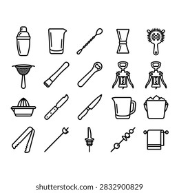 A comprehensive set of outline cocktail and bar tools arranged in four rows, featuring cocktail shakers, mixing glasses, bar spoons, jiggers, and Hawthorne strainers.