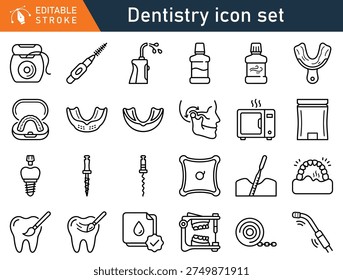 A comprehensive set of outline dentistry icons, featuring various dental hygiene tools, oral care appliances, and dental procedures. Editable stroke for versatility.