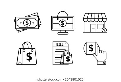 A comprehensive set of outline icons for e-commerce and financial themes. Includes money, online shopping, storefronts, shopping bags, bills, and online payments.