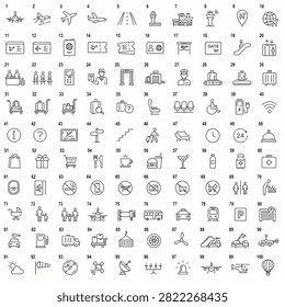 A comprehensive set of outline icons illustrating airport services, aviation, travel, luggage, and air transportation.