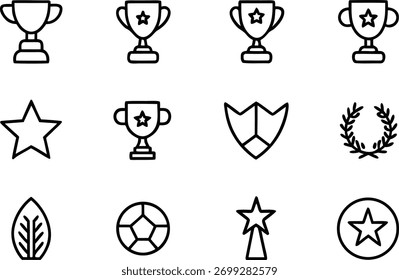 Um conjunto abrangente de ícones resumidos que representam conquista, vitória e sucesso. Apresenta troféus, estrelas, escudos, uma coroa de louros e uma bola de futebol, perfeito para web.