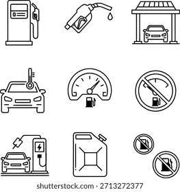 Un conjunto completo de iconos de contorno que representan los conceptos de combustible automotriz, energía y vehículo eléctrico.