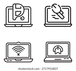 Un conjunto completo de iconos de contorno que representan varias herramientas y conceptos de trabajo remoto, presentados sobre un fondo blanco limpio.