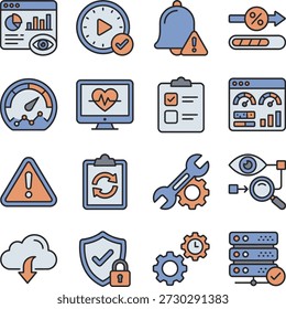 Un conjunto completo de iconos de esquema que representan el negocio digital, el análisis de datos, el rendimiento del sistema, la seguridad y la gestión de la tecnología para interfaces de Web y aplicaciones.